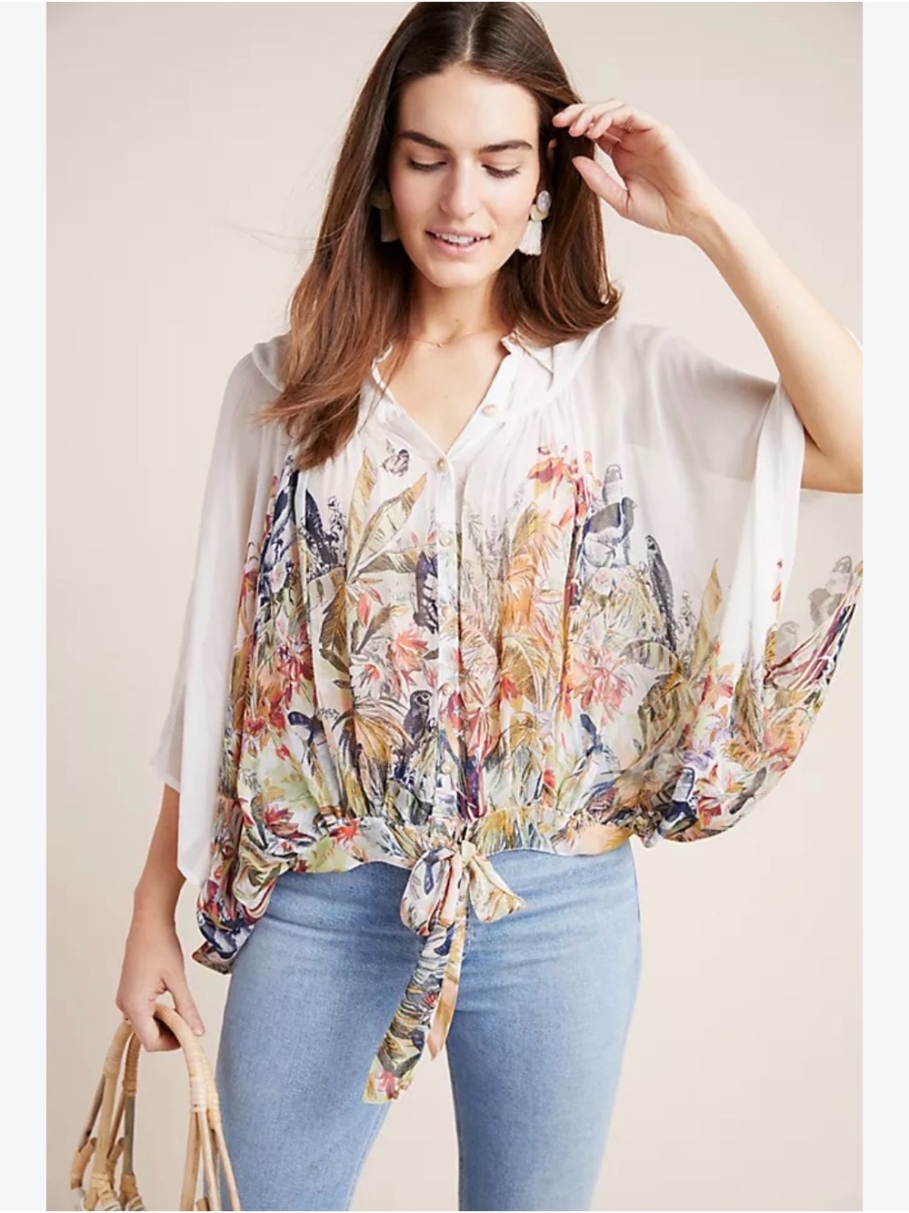 Anthropologie Maeve botanical boho Portia sheer Floral Blouse wide sleeve